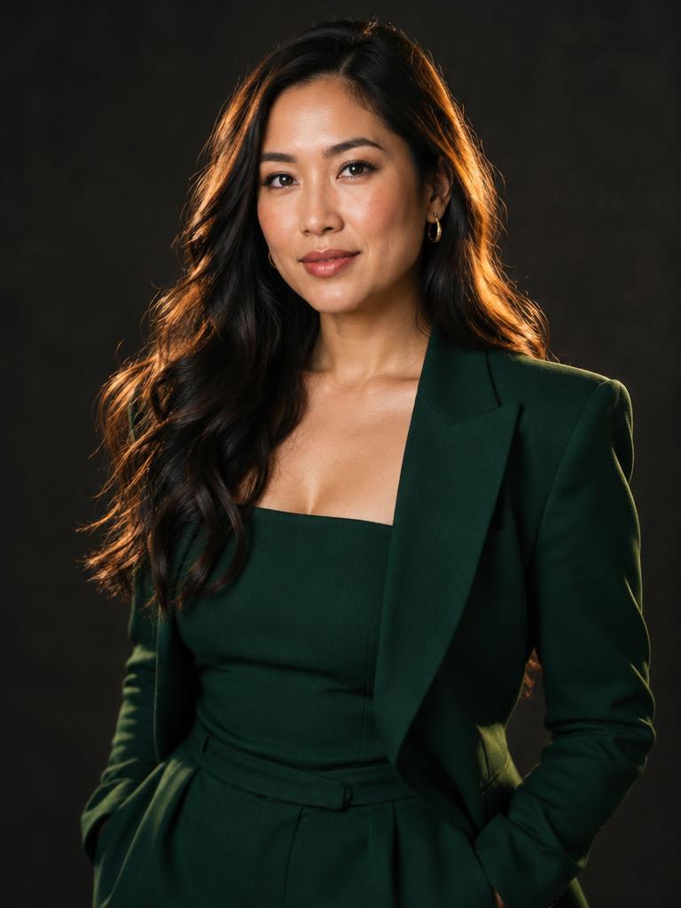 Demo actor portrait in deep green tailoring with cinematic lighting