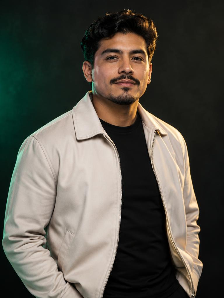 Demo content creator portrait in a light jacket against a dark studio background