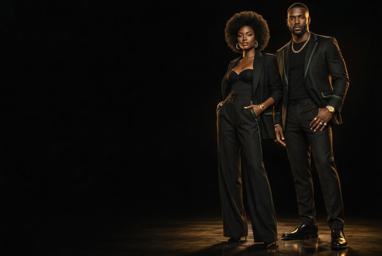 Two Black fashion models in black tailoring with emerald and gold accents