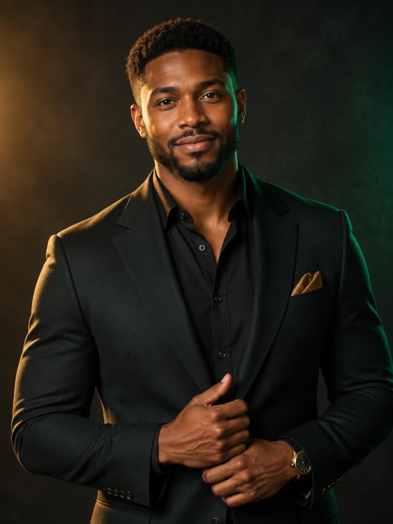 Demo host portrait in a dark suit with gold and emerald studio light
